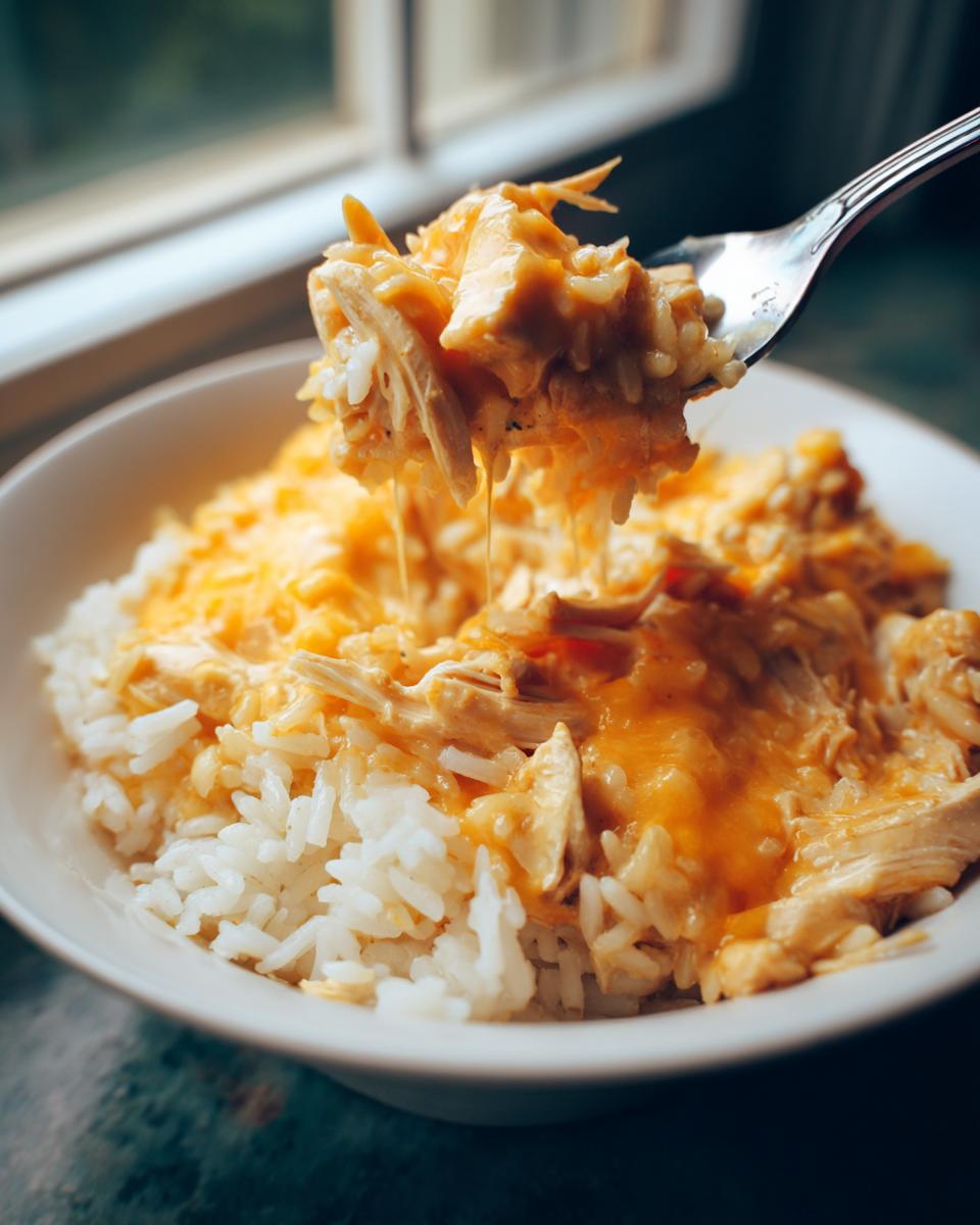 A fork lifts a cheesy bite of shredded chicken and rice from a bowl of crock pot chicken and rice.