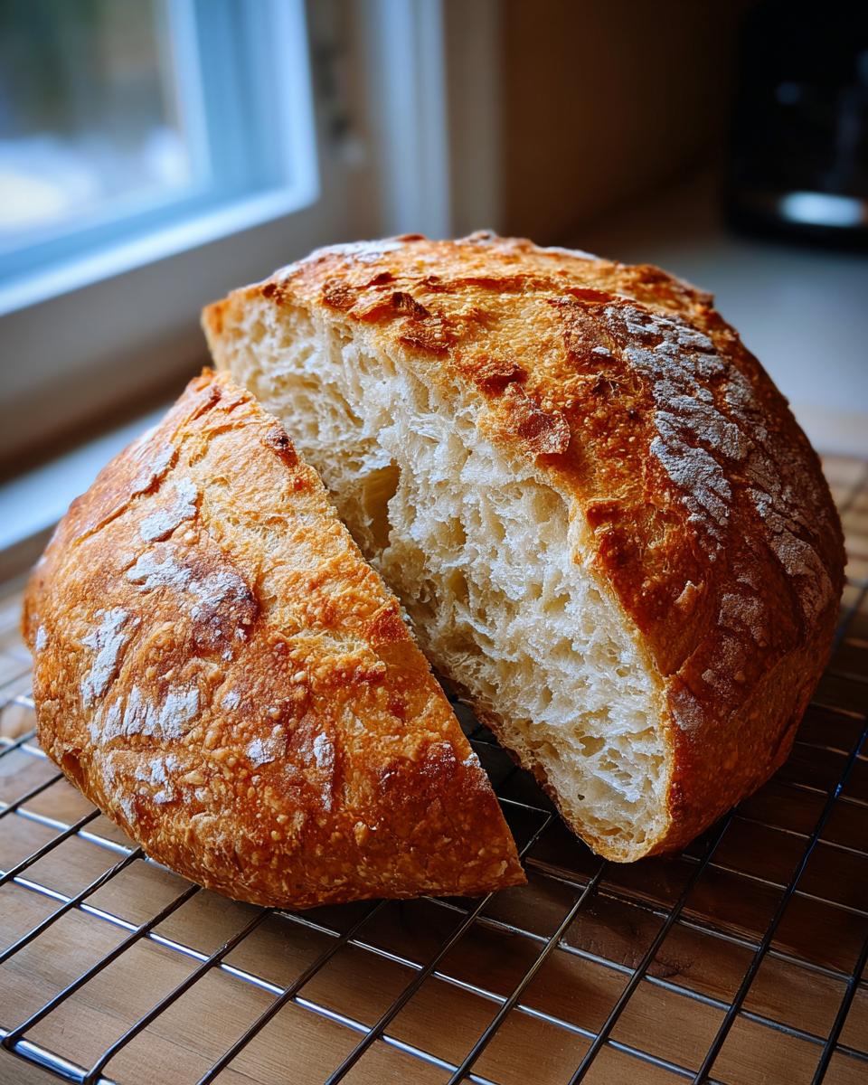 A freshly baked loaf of Italian bread, sliced open to show the airy interior, resting on a cooling rack.