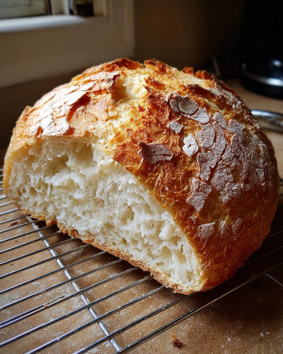 A loaf of freshly baked Italian bread, cut in half to show the airy interior and golden, crackled crust, resting on a cooling rack.
