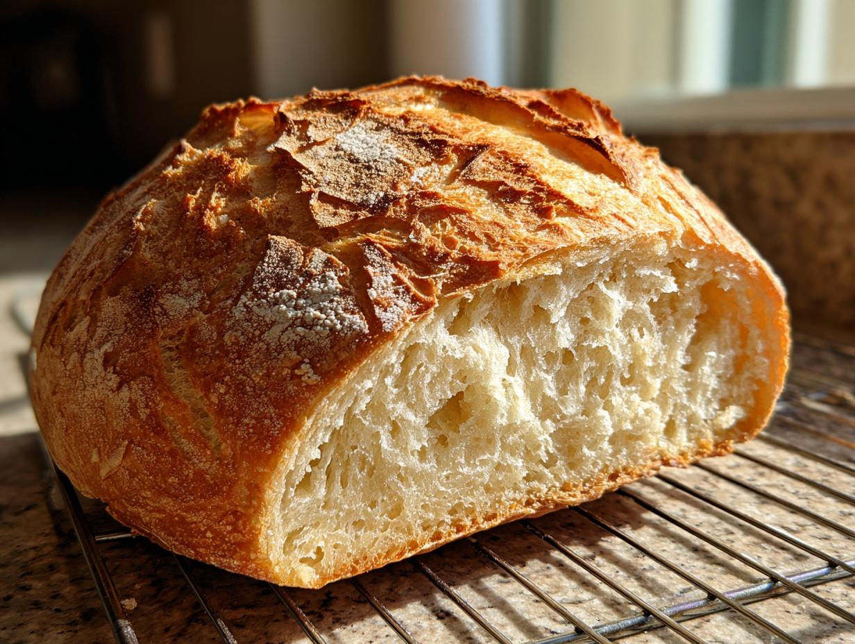 A freshly baked loaf of Italian bread, cut open to show the airy interior, resting on a cooling rack.