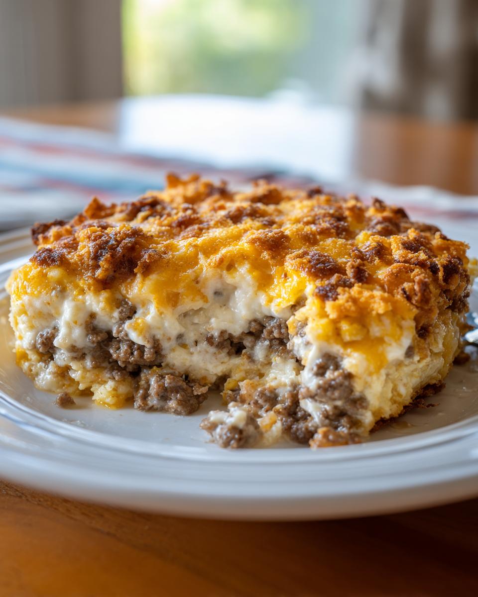 A close-up of a hearty slice of Dorito Casserole featuring layers of ground beef, creamy sauce, and a crunchy, cheesy Dorito topping.