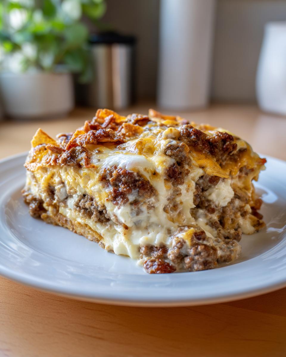 A generous slice of cheesy Dorito Casserole layered with ground meat and creamy sauce, served on a white plate.