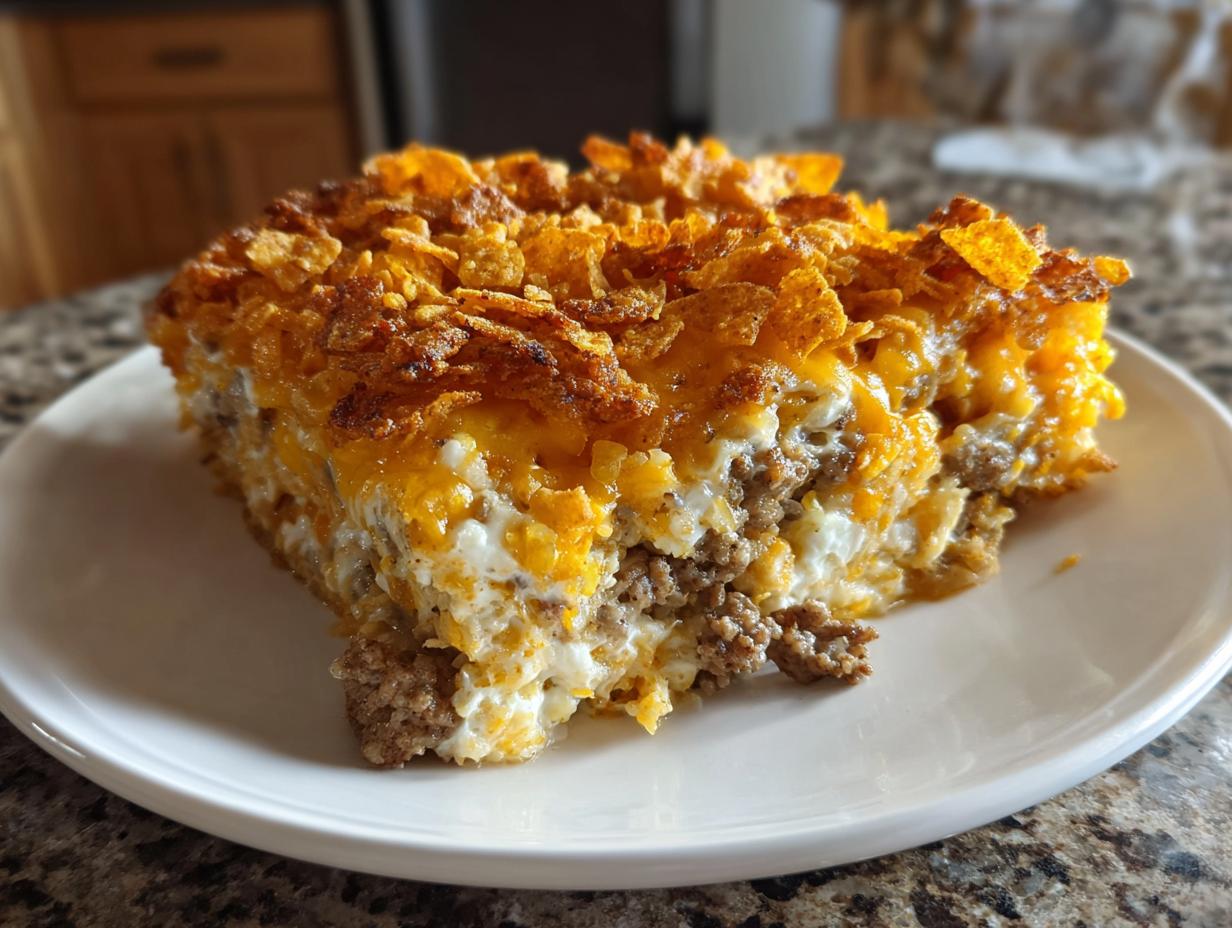 A generous slice of Dorito Casserole featuring layers of ground meat, creamy sauce, melted cheese, and a crunchy Dorito topping.