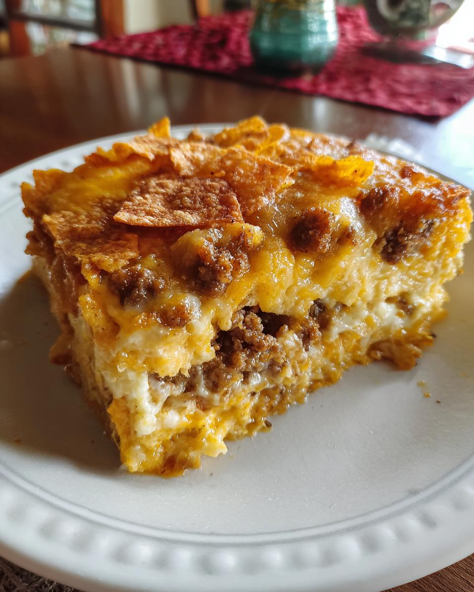 Close-up of a hearty slice of Dorito Casserole featuring layers of cheese, creamy filling, ground meat, and a crunchy Dorito topping.