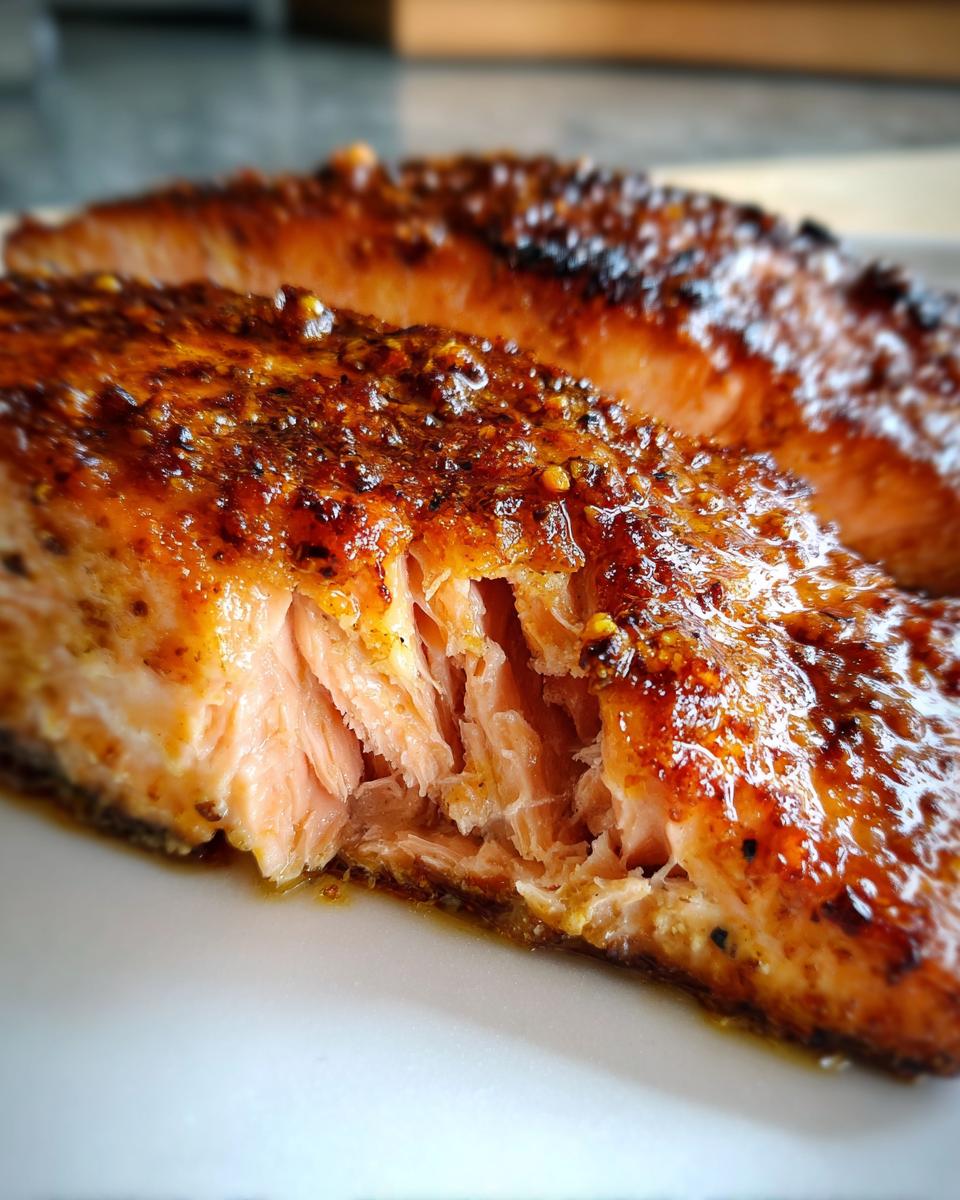 Close-up of a perfectly cooked, flaky salmon fillet showing its moist interior and savory glaze.