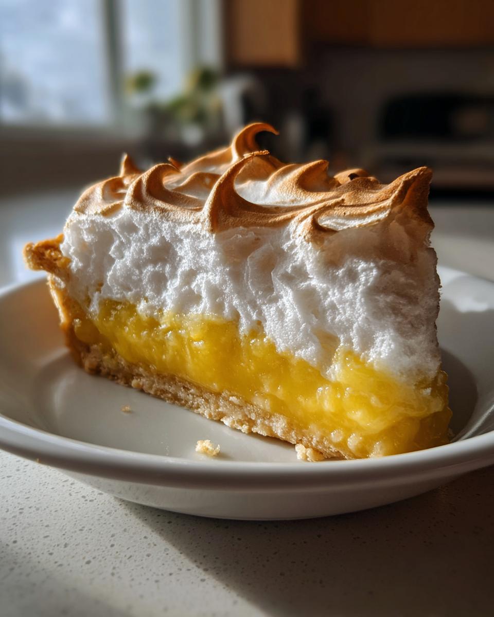 A tall slice of lemon meringue pie showing bright yellow filling and torched meringue peaks.