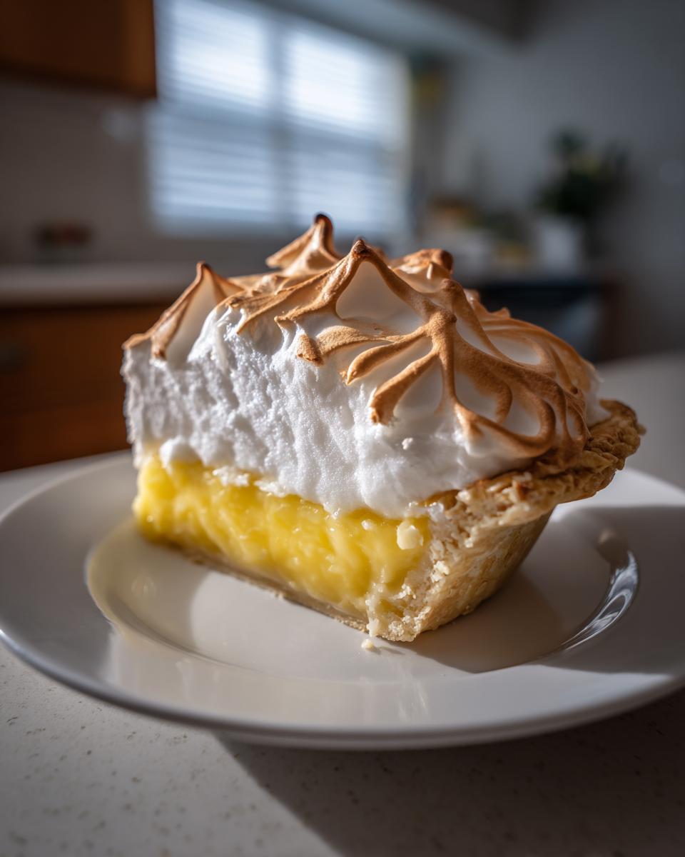 A close-up of a slice of lemon meringue pie showing thick, bright yellow filling and a tall, beautifully torched meringue topping.