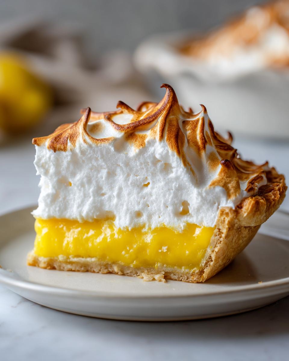 Close-up of a thick slice of lemon meringue pie showing bright yellow curd and tall, torched meringue.
