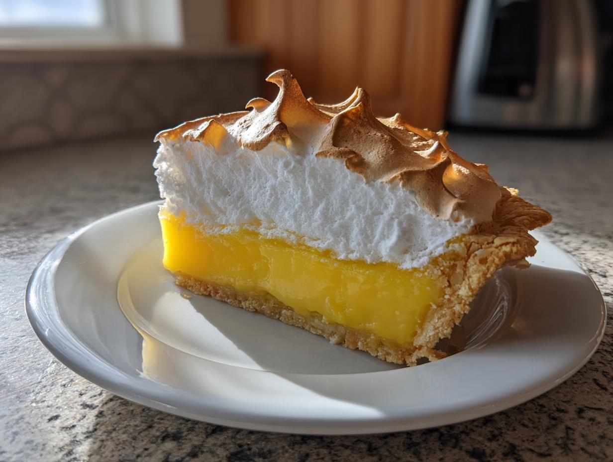A tall, perfect slice of lemon meringue pie showing bright yellow filling and toasted meringue peaks.