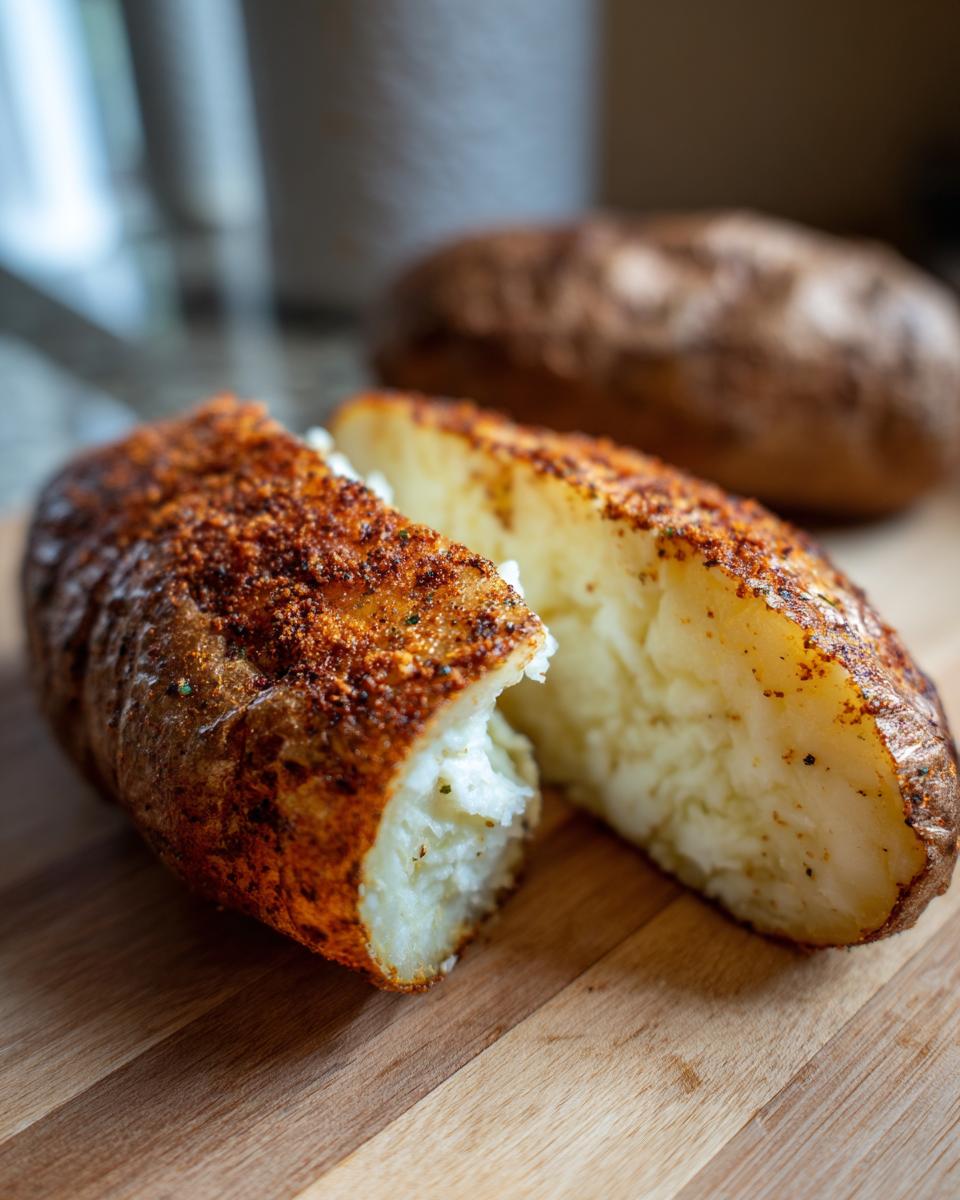 Close-up of a perfectly cooked air fryer baked potato, split open to show fluffy interior and seasoned crispy skin.