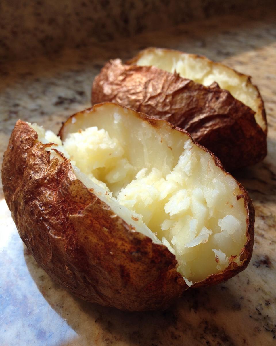 Two fluffy baked potatoes, split open to show the soft interior, made using an air fryer baked potato recipe.