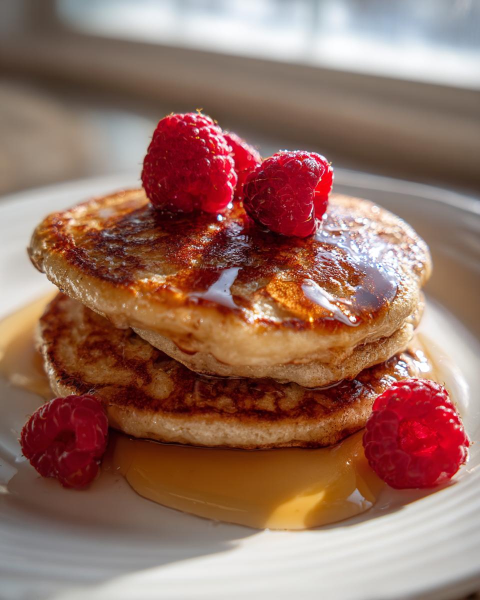 Close-up of a stack of fluffy almond flour pancakes drizzled with syrup and topped with fresh raspberries.