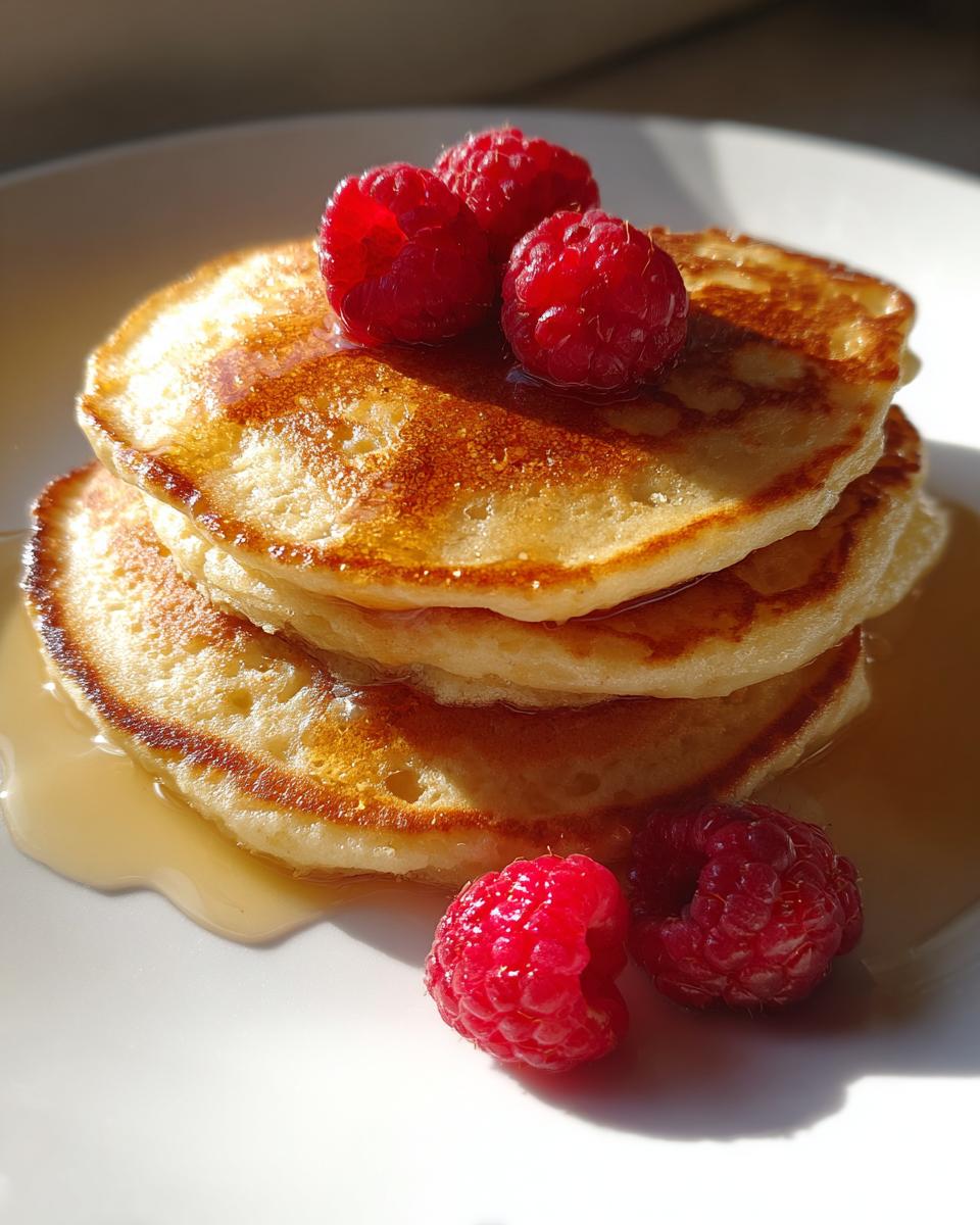 A stack of three fluffy almond flour pancakes drizzled with syrup and topped with fresh raspberries.