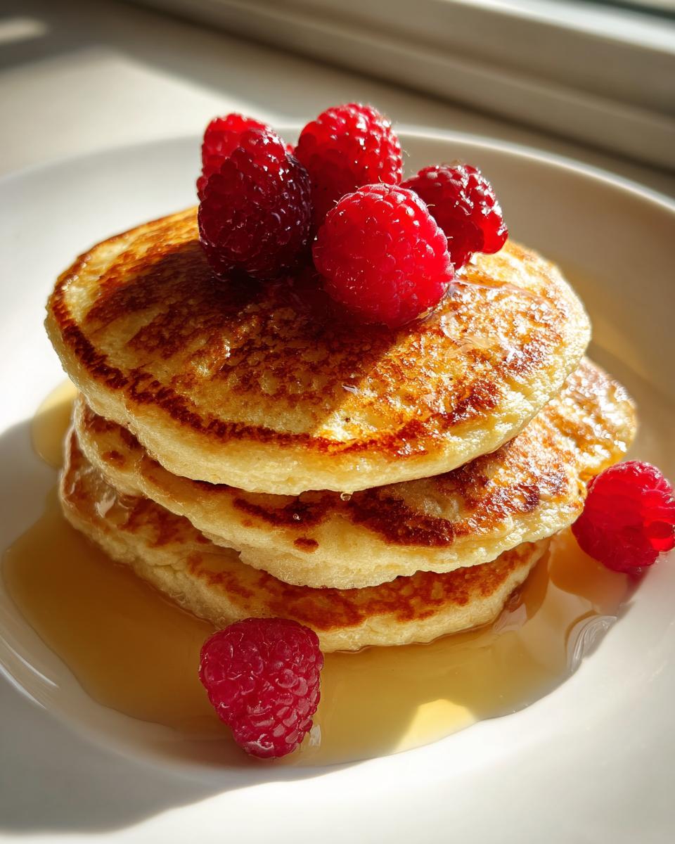 A stack of three fluffy almond flour pancakes drizzled with syrup and topped with fresh raspberries.