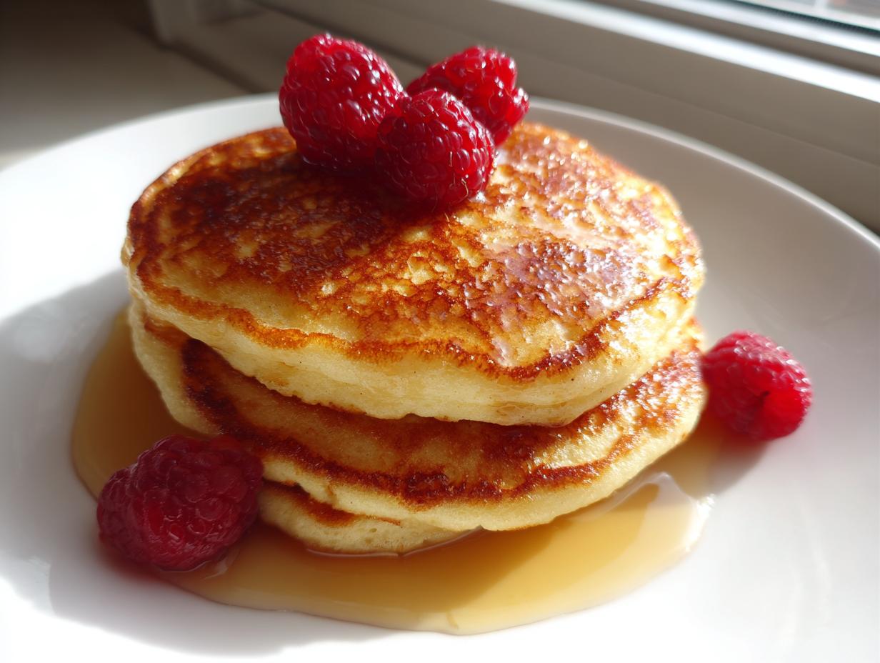 A stack of two fluffy almond flour pancakes drizzled with syrup and topped with fresh raspberries.