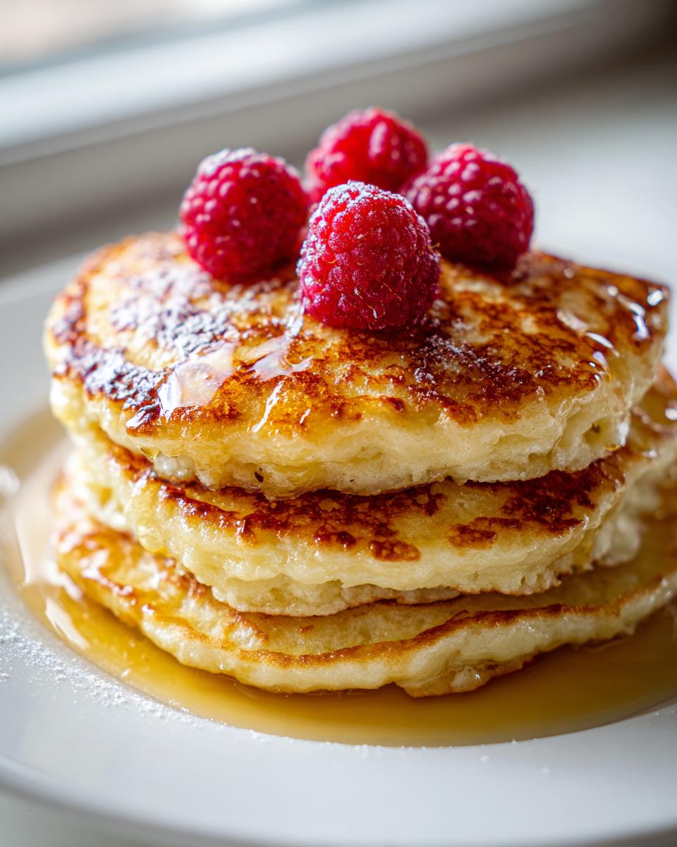 A tall stack of fluffy almond flour pancakes drizzled with syrup and topped with fresh raspberries and powdered sugar.
