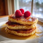 A stack of three golden brown almond flour pancakes topped with fresh raspberries and drizzled with syrup.
