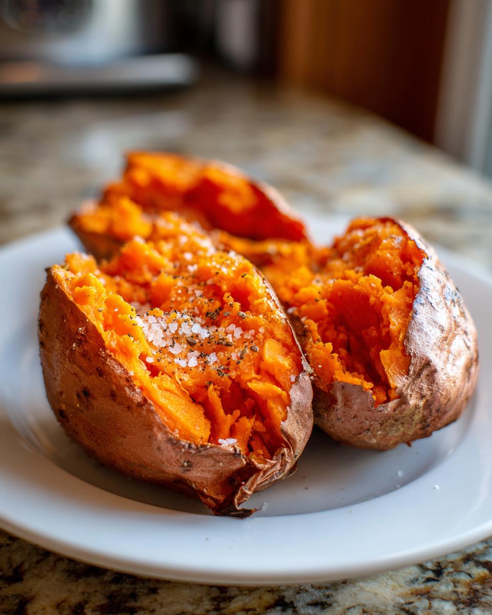 Two halves of a fluffy baked sweet potato, seasoned with coarse salt and pepper, served on a white plate.