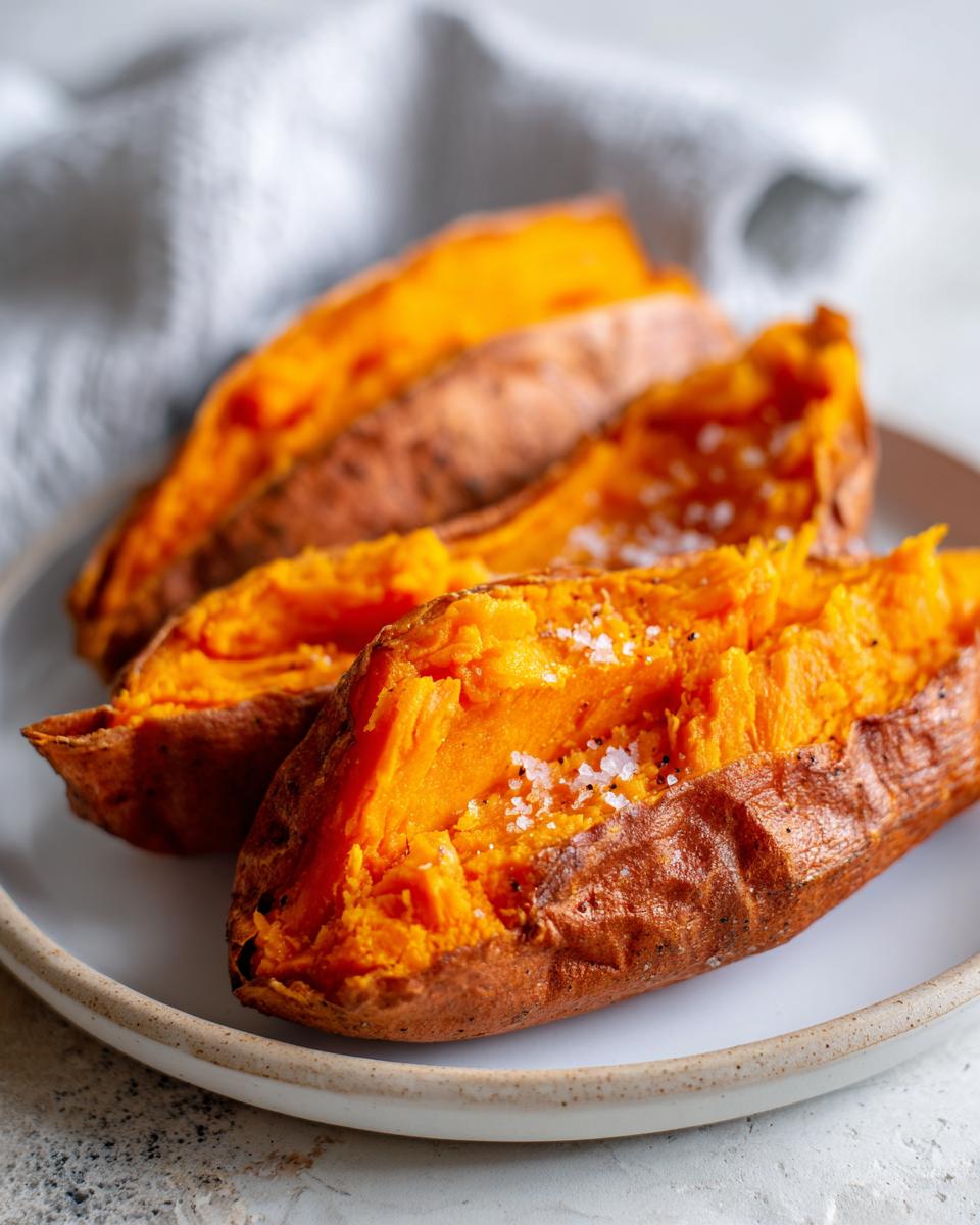 Close-up of fluffy baked sweet potato halves seasoned with coarse sea salt on a plate.