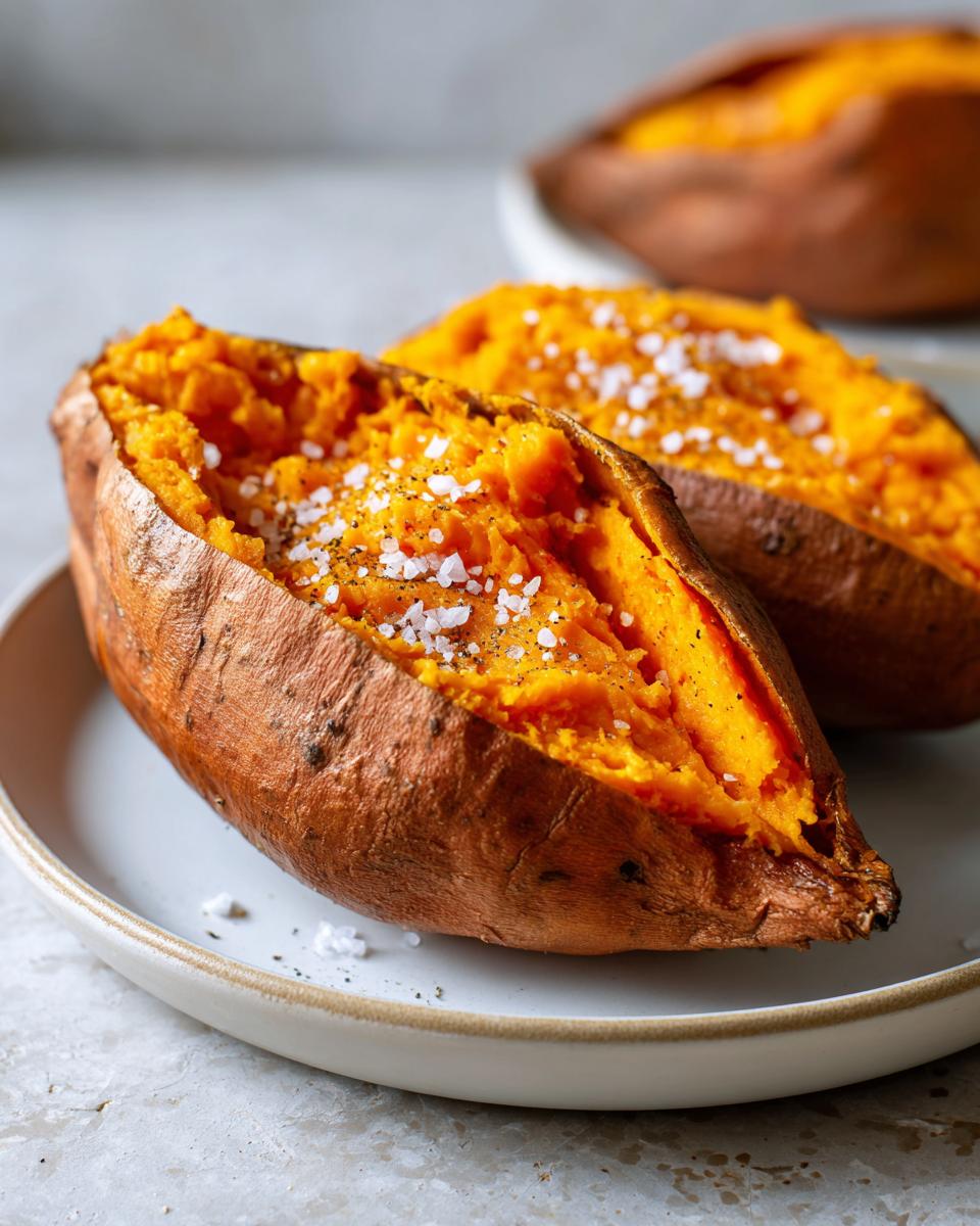 Close-up of a fluffy baked sweet potato split open and topped with coarse sea salt.
