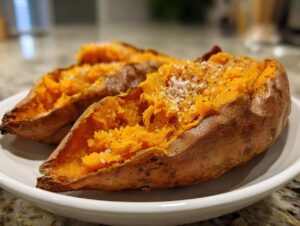 Close-up of two fluffy baked sweet potato halves, seasoned with coarse salt and pepper, served on a white plate.