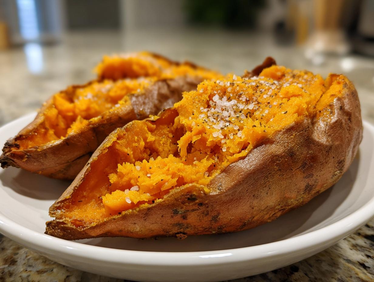 Close-up of two fluffy baked sweet potato halves, seasoned with coarse salt and pepper, served on a white plate.