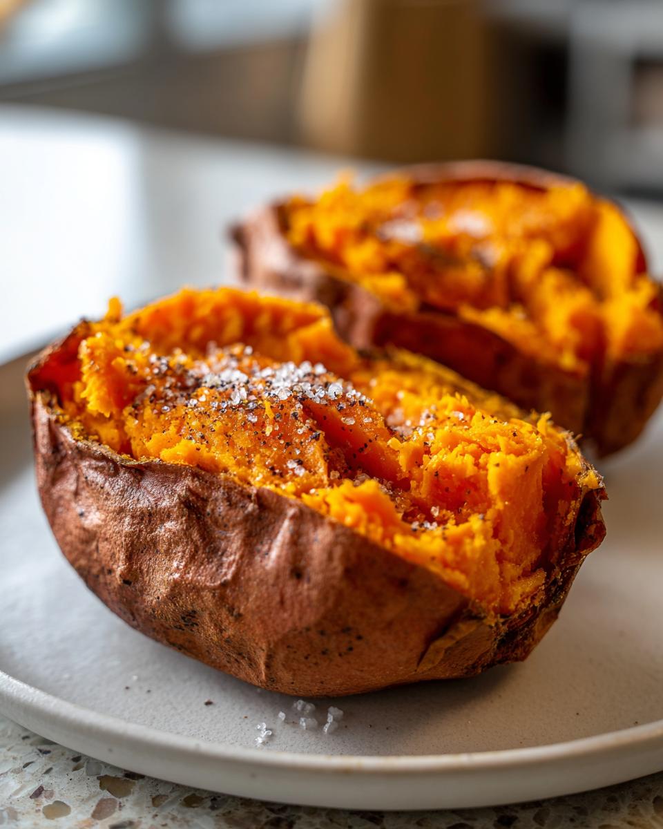 Close-up of a fluffy baked sweet potato, split open and seasoned with coarse salt and pepper.