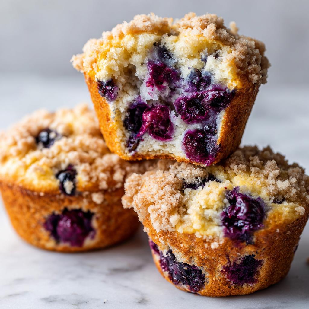 Close-up of three moist blueberry muffin tops, one cut open showing juicy berries inside the fluffy crumb.