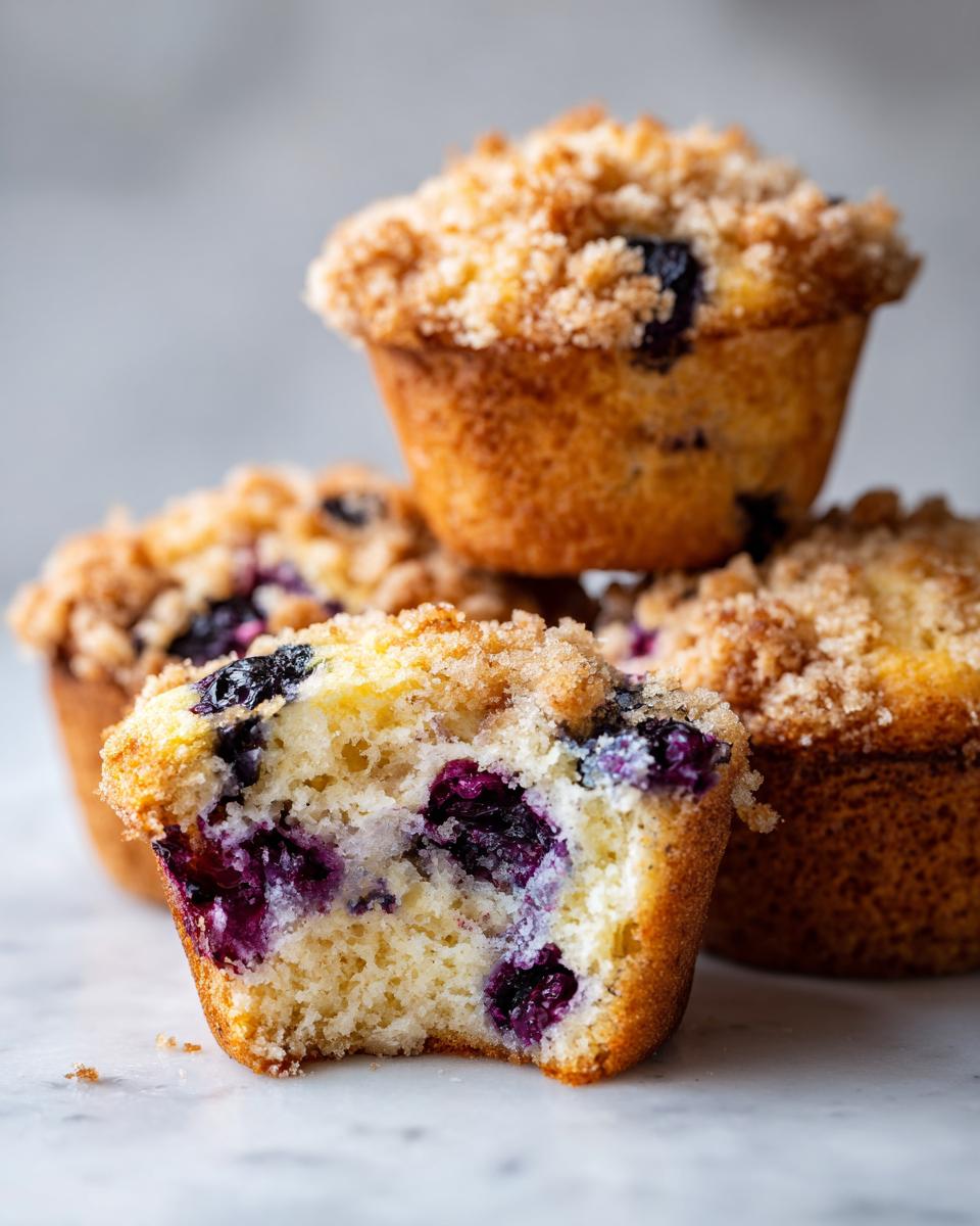 Close-up of a fluffy blueberry muffin cut in half, showing moist interior packed with blueberries and a sugary crumb topping.