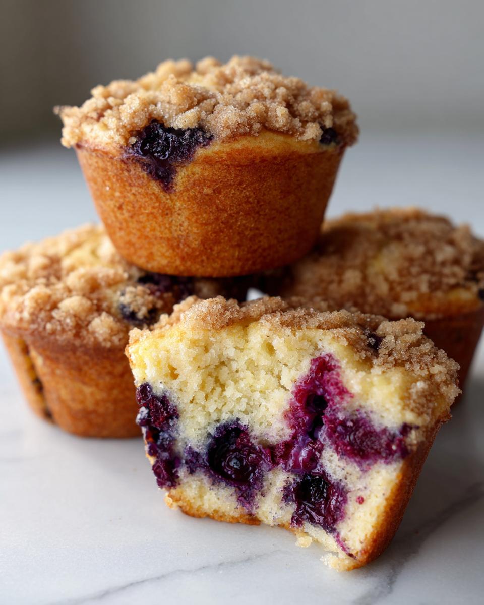 Close-up of a fluffy blueberry muffin cut in half, showing moist interior and generous blueberries, topped with streusel.