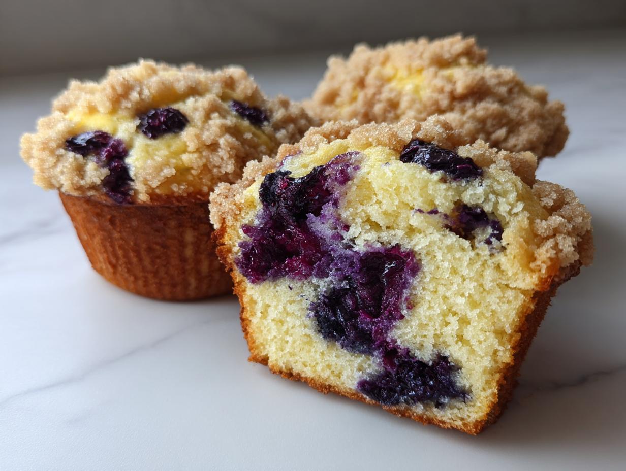 Close-up of a fluffy blueberry muffin cut in half, showing moist interior packed with blueberries and a sugary crumb topping.