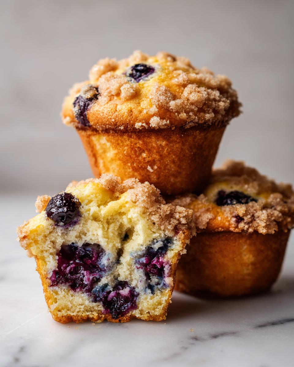 Close-up of a fluffy blueberry muffin cut in half showing juicy blueberries inside, topped with streusel, next to two whole blueberry muffins.