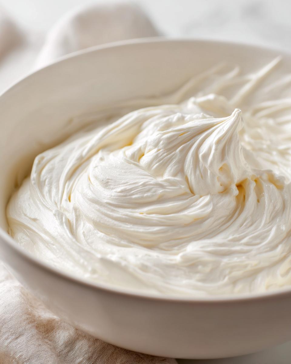 Close-up of fluffy, white cream cheese frosting swirled beautifully in a white mixing bowl.