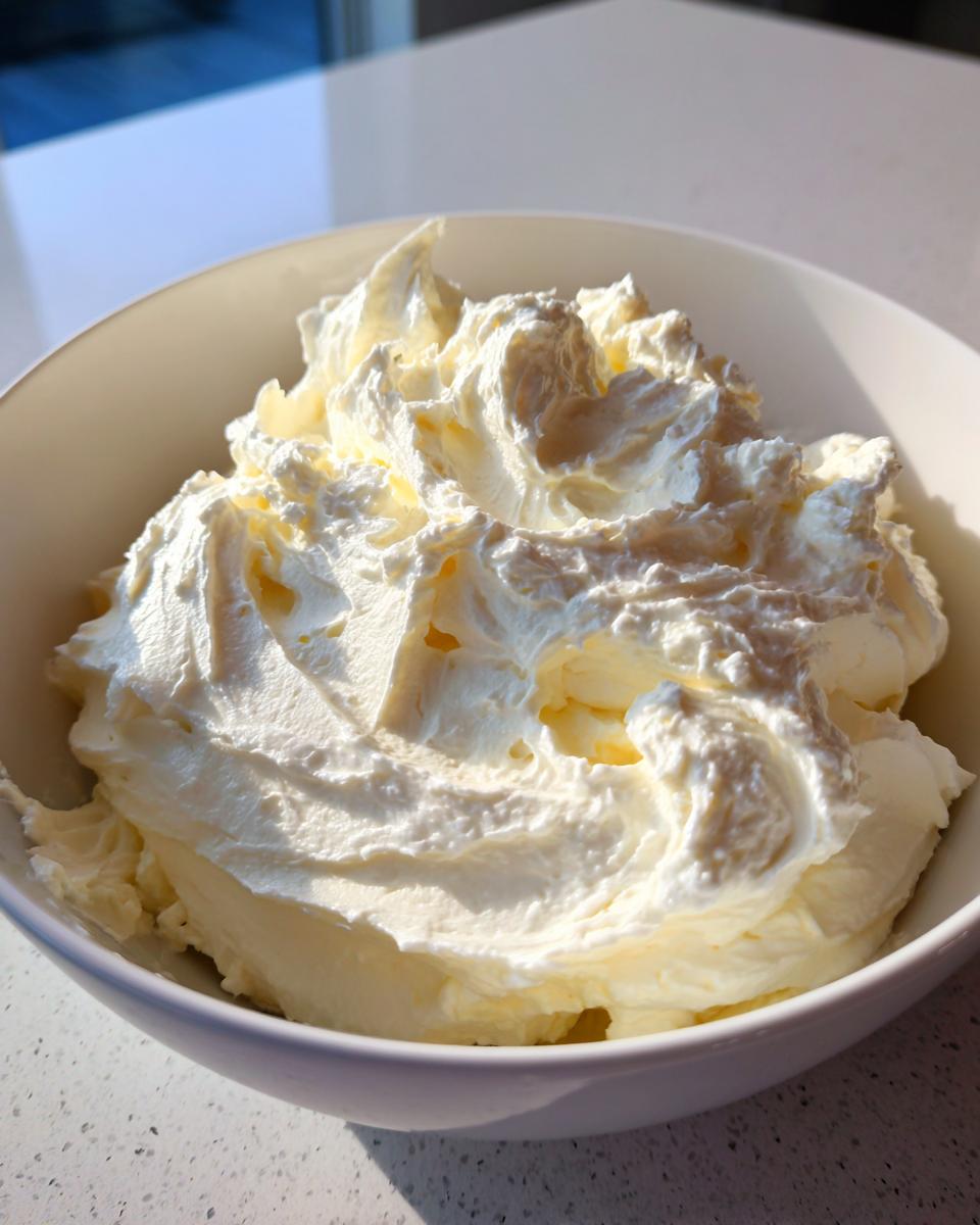 A close-up of freshly whipped, fluffy cream cheese frosting piled high in a white bowl.