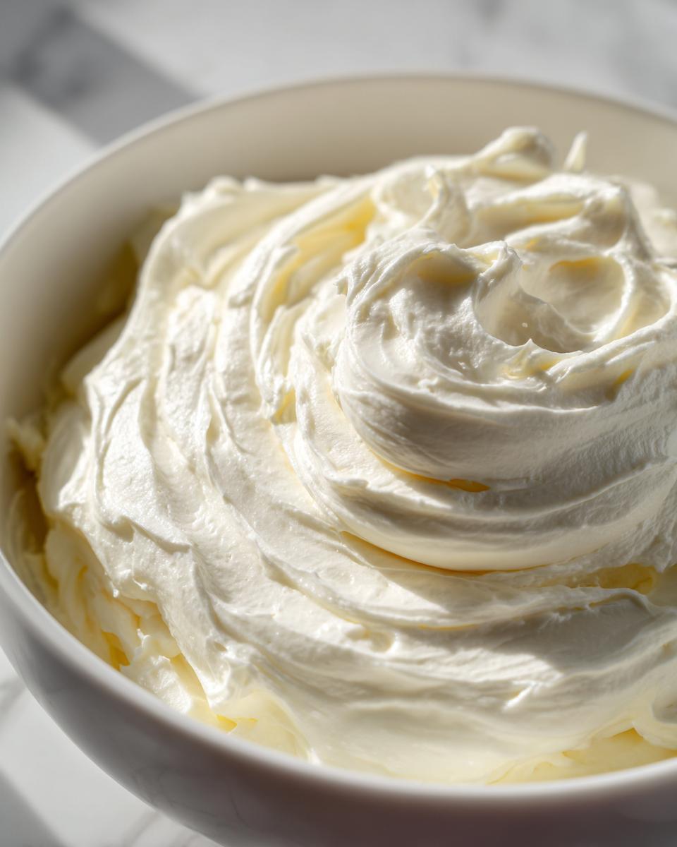 Close-up of perfectly whipped, bright white cream cheese frosting swirled high in a white bowl.