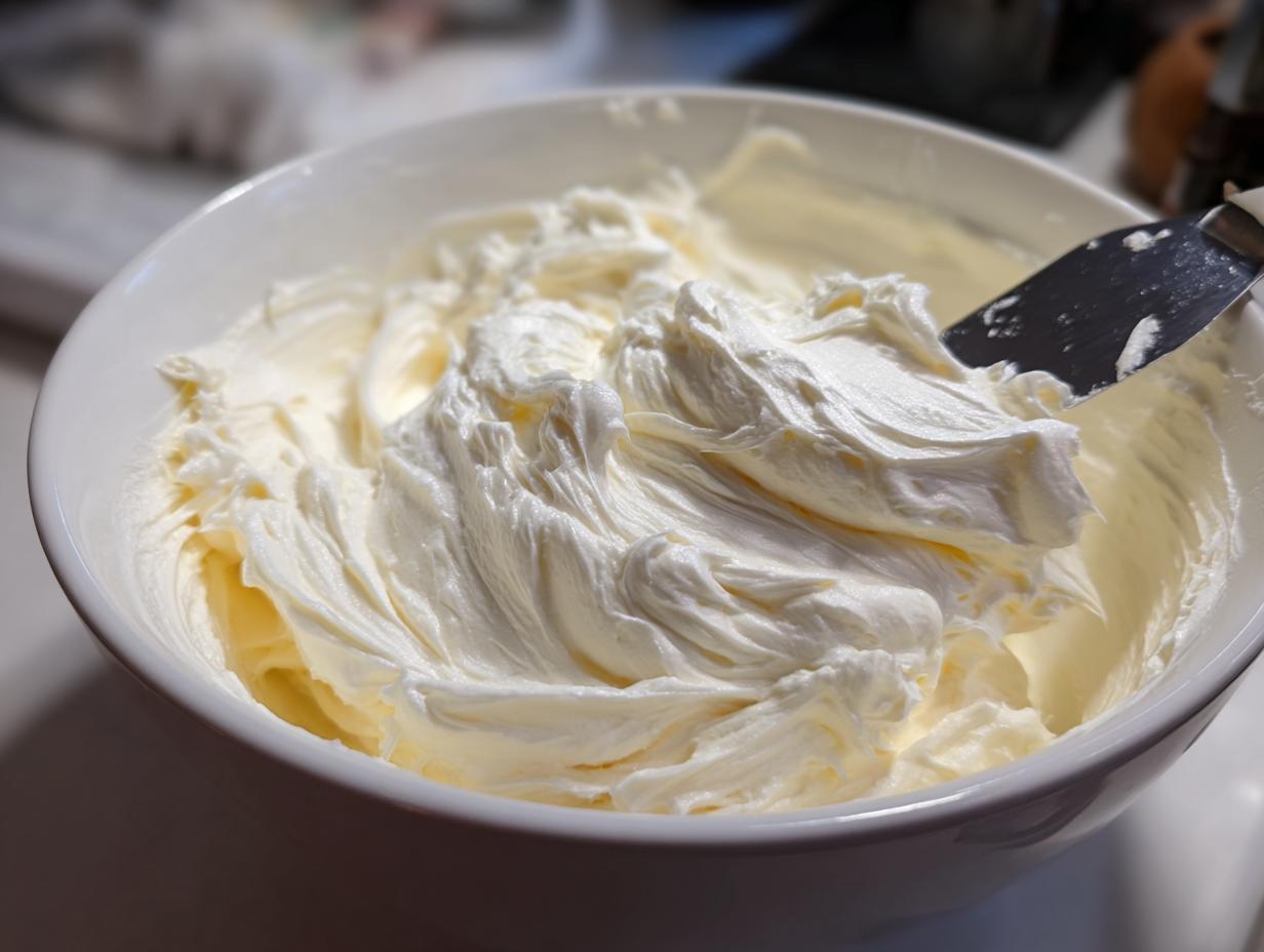 Close-up of smooth, fluffy cream cheese frosting being mixed in a white bowl with an offset spatula.