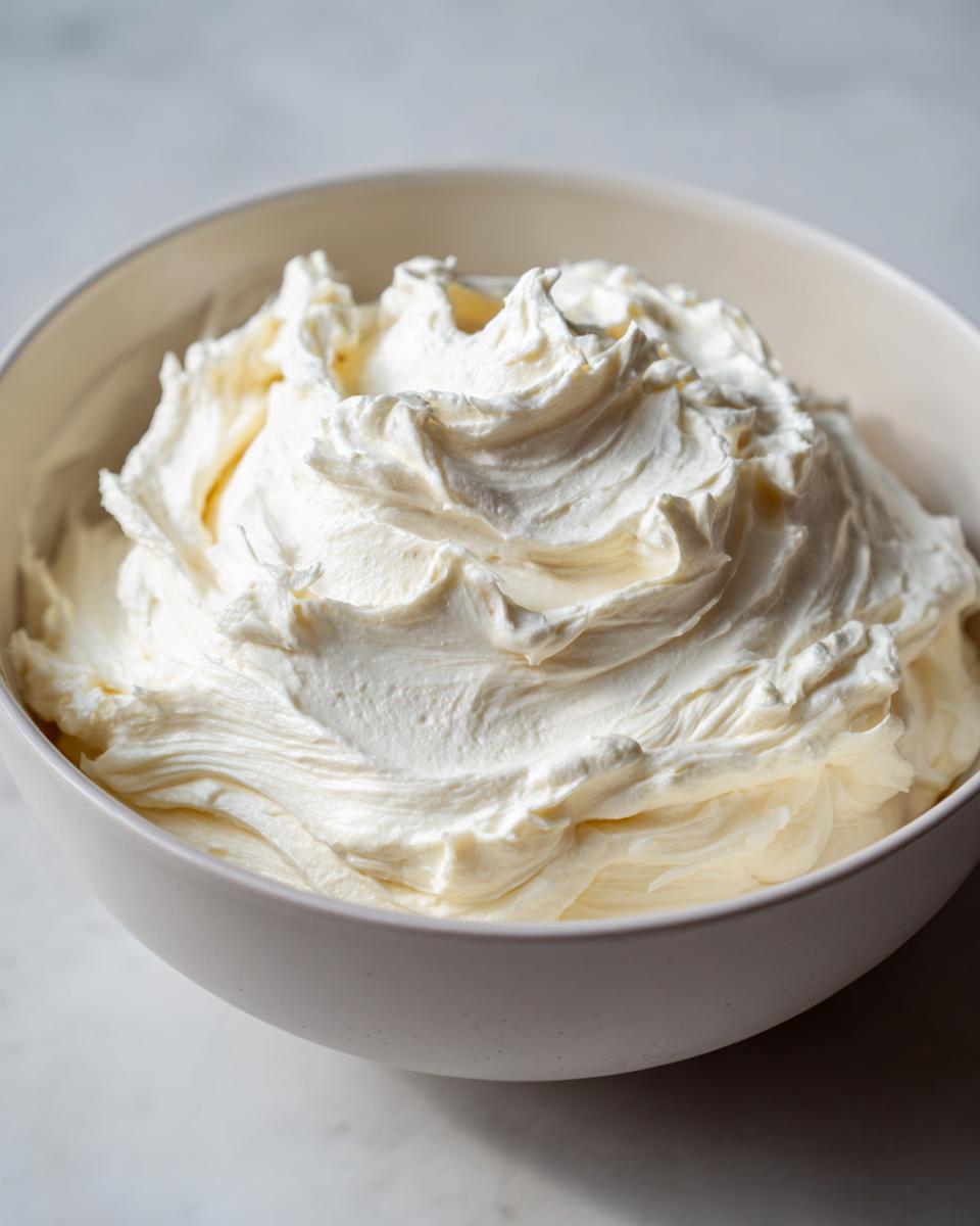 A close-up shot of freshly whipped, fluffy cream cheese frosting piled high in a light-colored bowl.