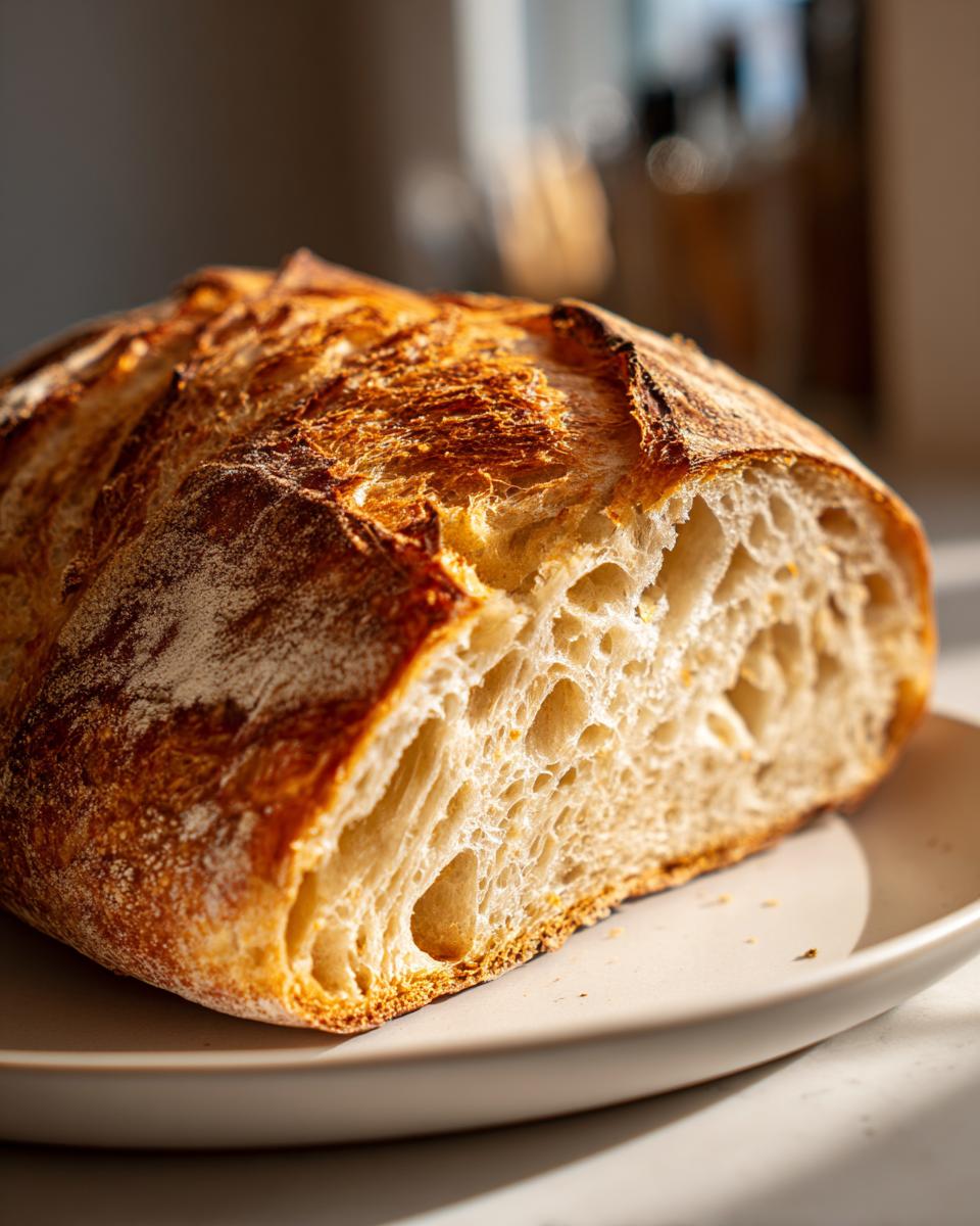Close-up of a freshly baked sourdough sandwich bread loaf showing a beautiful open crumb structure.