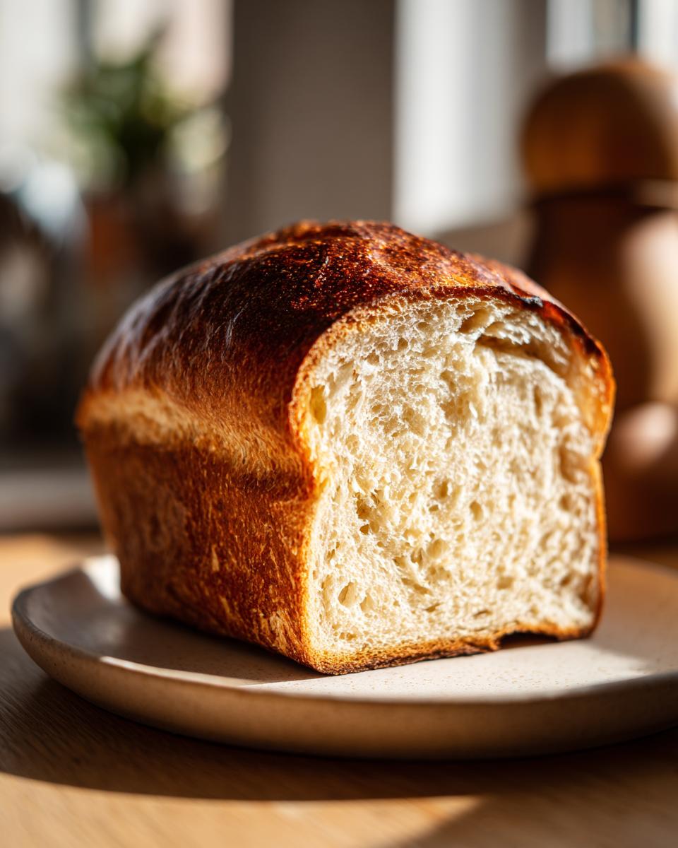 A golden-brown loaf of fluffy sourdough sandwich bread, sliced to show the soft interior crumb.