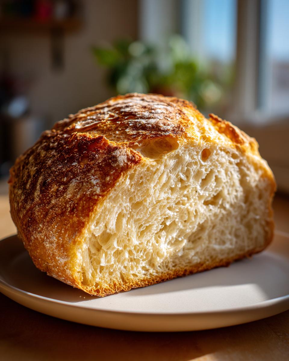 A close-up of a freshly baked sourdough sandwich bread loaf, showing its golden crust and airy interior crumb.