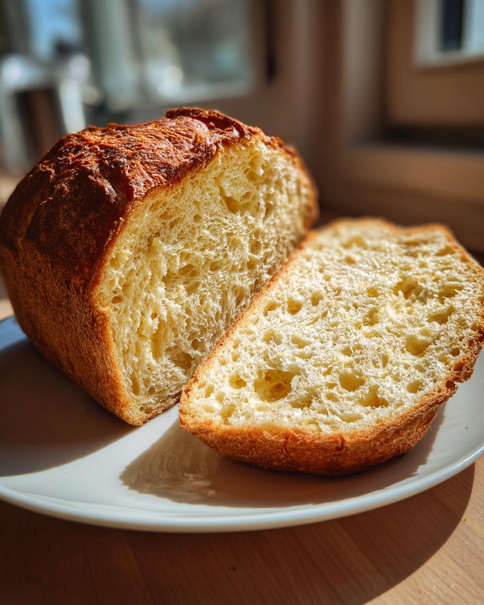 A loaf of fluffy sourdough sandwich bread, cut to show the soft interior crumb next to a single slice.