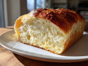 Close-up of a fluffy sourdough sandwich bread loaf, showing its soft, white interior and golden-brown crust.
