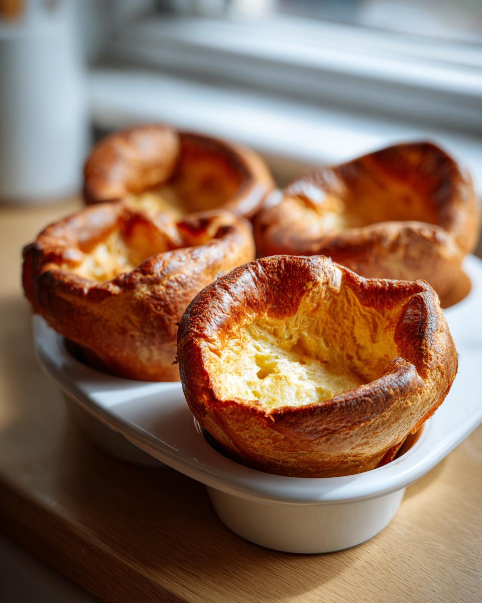 Four golden brown, perfectly risen Yorkshire pudding puffs sitting in a white serving dish.