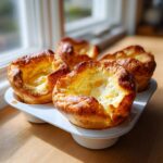 Four golden brown, perfectly risen yorkshire pudding resting in a white baking tray near a window.