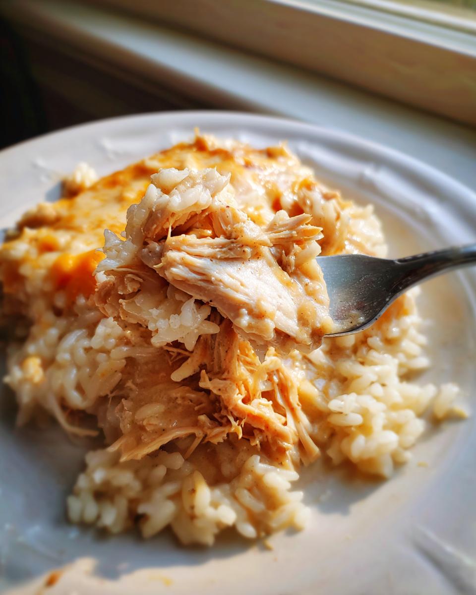 Close-up of a fork lifting shredded chicken and creamy rice from a serving of crock pot chicken and rice.
