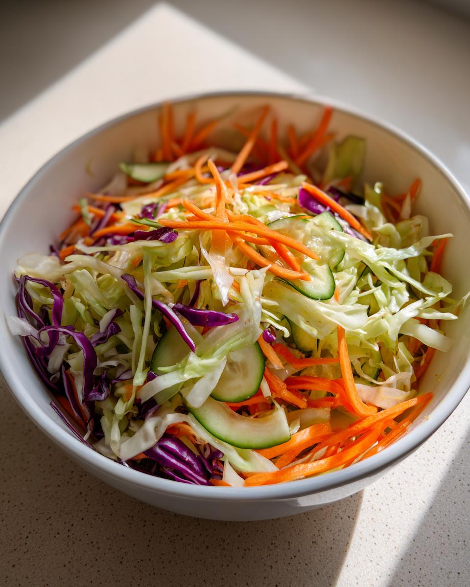 A white bowl filled with vibrant cabbage salad, featuring shredded green cabbage, purple cabbage, julienned carrots, and cucumber slices.