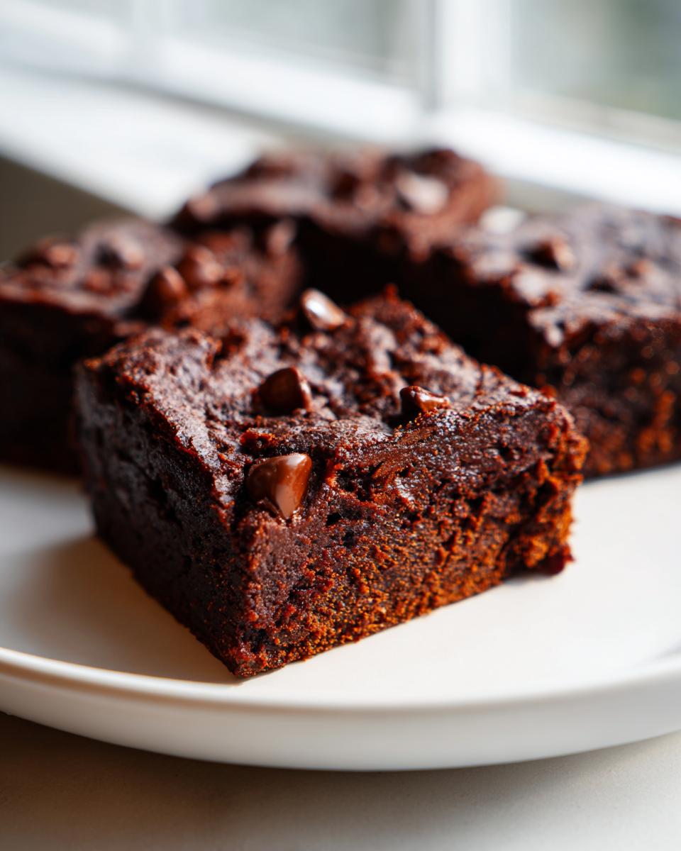 A close-up of a fudgy square of sweet potato brownies topped with melted chocolate chips, resting on a white plate.