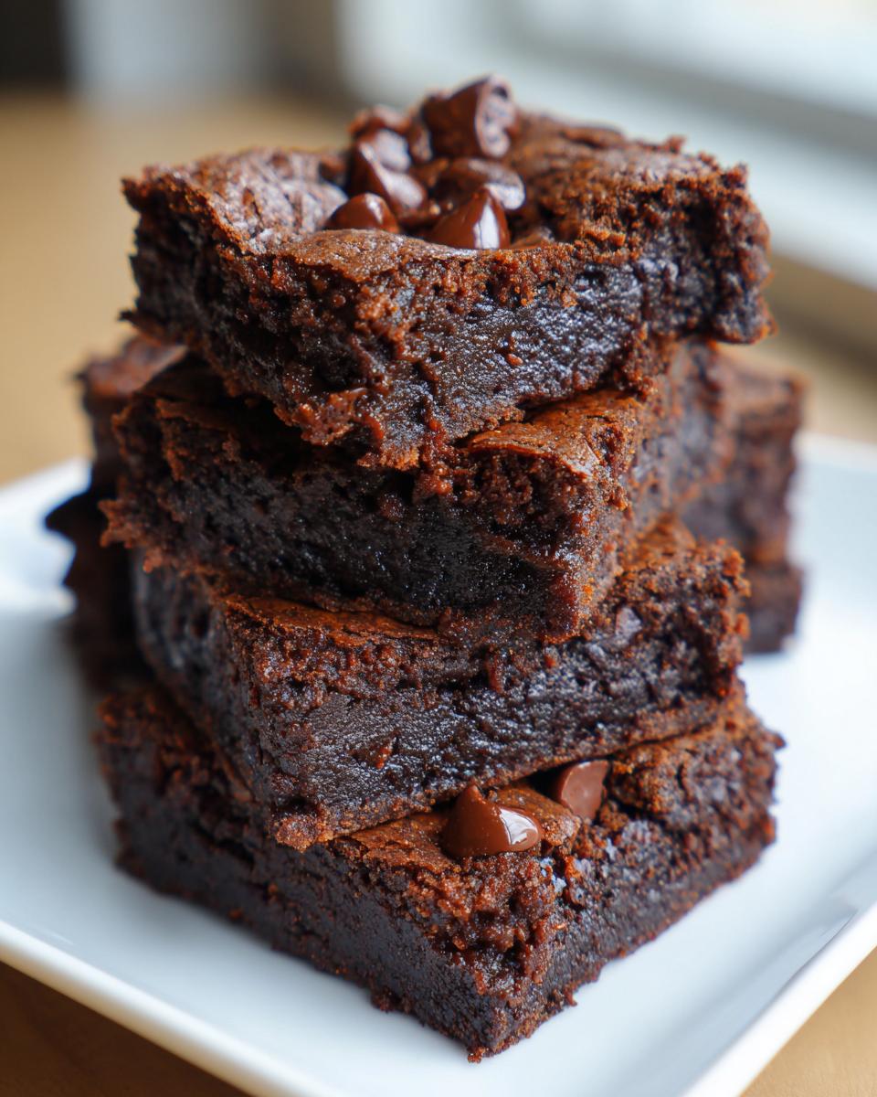 A close-up stack of four fudgy sweet potato brownies topped with melted chocolate chips on a white plate.
