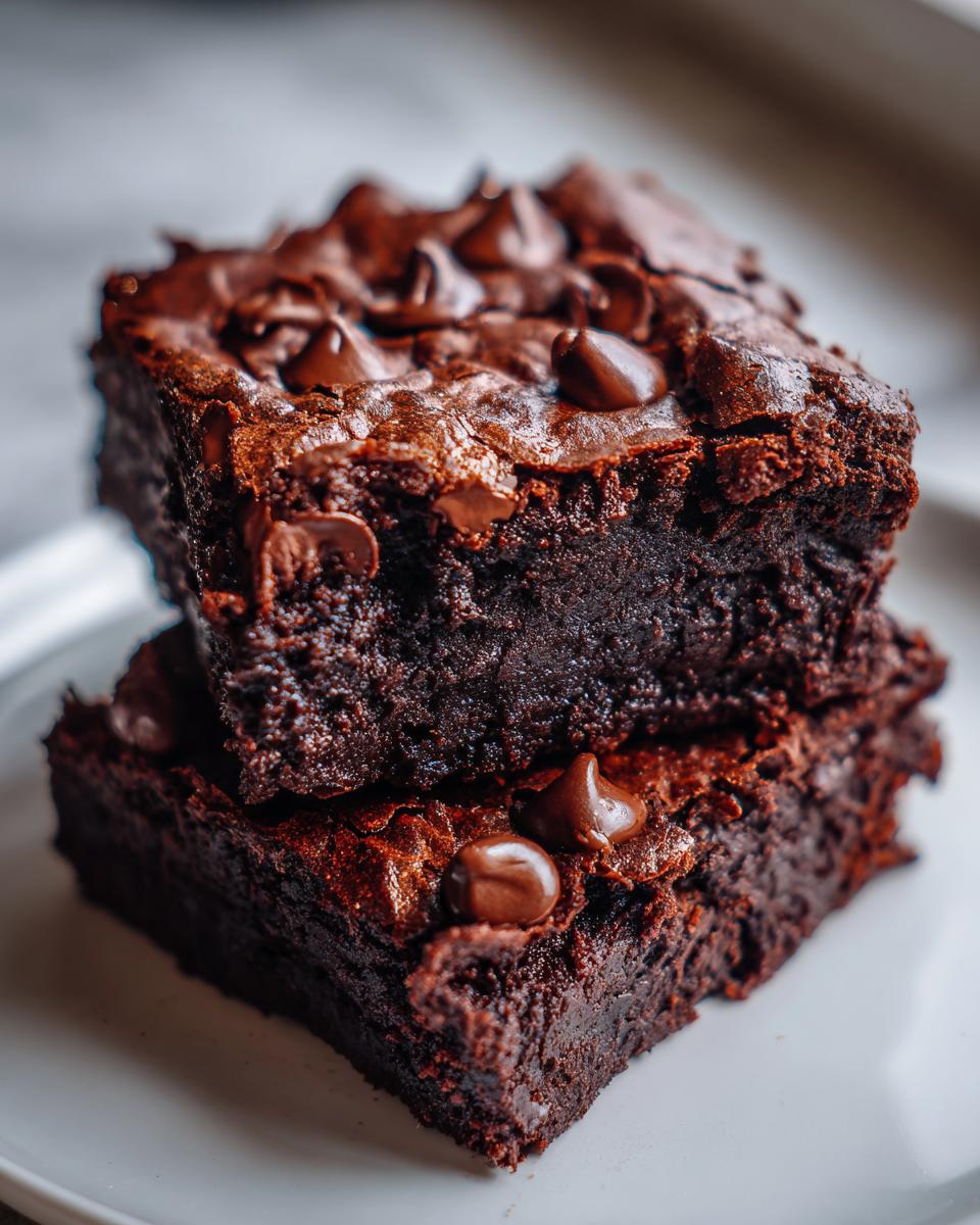 Close-up of two stacked, fudgy sweet potato brownies topped with melted chocolate chips on a white plate.