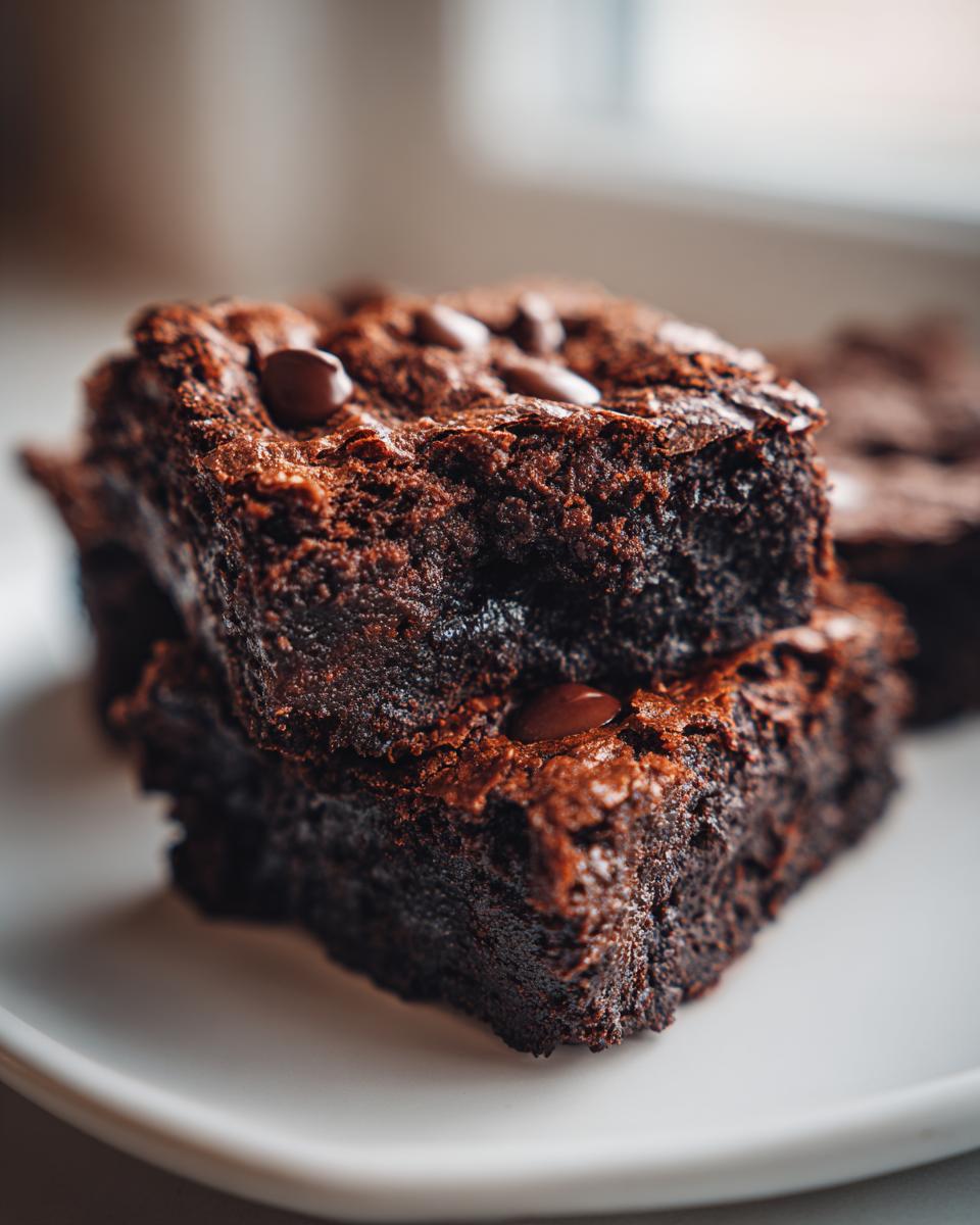 Close-up of two stacked, rich, dark chocolate sweet potato brownies topped with melted chocolate chips.